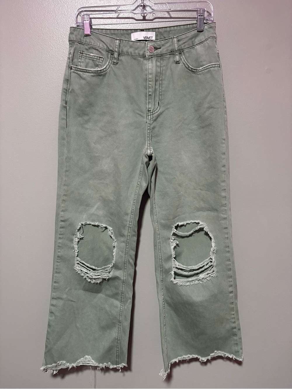 VERVET Los Angeles Sage Green Distressed Cropped Straight Leg Jeans Size 27